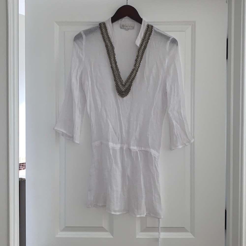 White beaded linen swim coverup